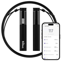 Close-up of digital display on jump rope handle with workout metrics like calories burned, duration, and RPM