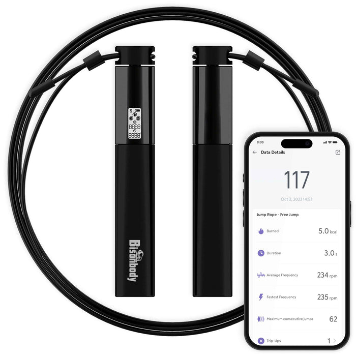 Close-up of digital display on jump rope handle with workout metrics like calories burned, duration, and RPM