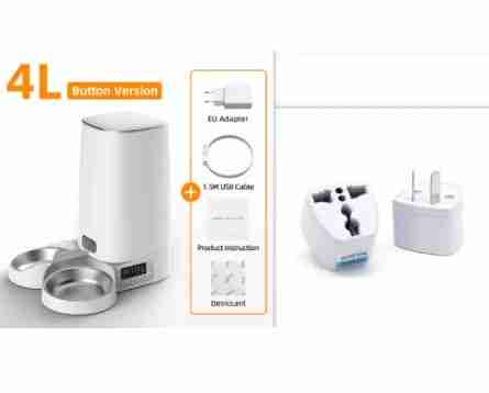 White 4L pet food dispenser with button control, EU adapter, USB cable, stainless steel bowl, and product instructions, for pet feeding.