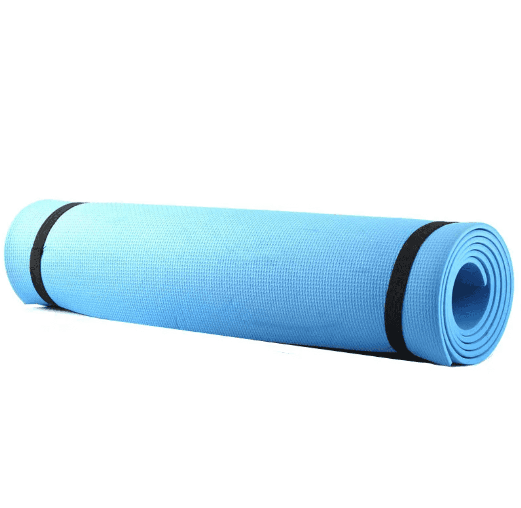 Light blue extra thick non-slip fitness mat rolled up with black straps, ideal for yoga, dance, and aerobics, made of high-density material.