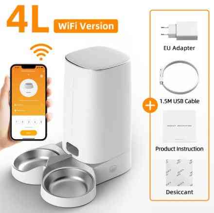 White 4L WiFi-enabled pet food dispenser with smartphone app control, stainless steel bowl, includes EU adapter and accessories