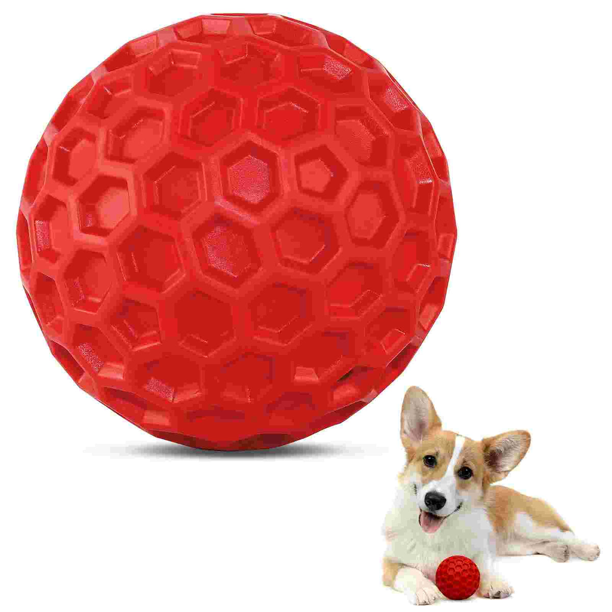Red honeycomb-patterned dog ball toy made of durable natural rubber with built-in squeaker, ideal for fetch and dental care for medium and large dogs