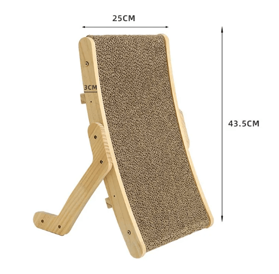 Transformable cat bed and scratcher with wooden frame, 25cm wide, 43.5cm tall, featuring a textured scratching surface, space-saving design