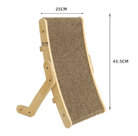 Transformable cat bed and scratcher with wooden frame, 25cm wide, 43.5cm tall, featuring a textured scratching surface, space-saving design