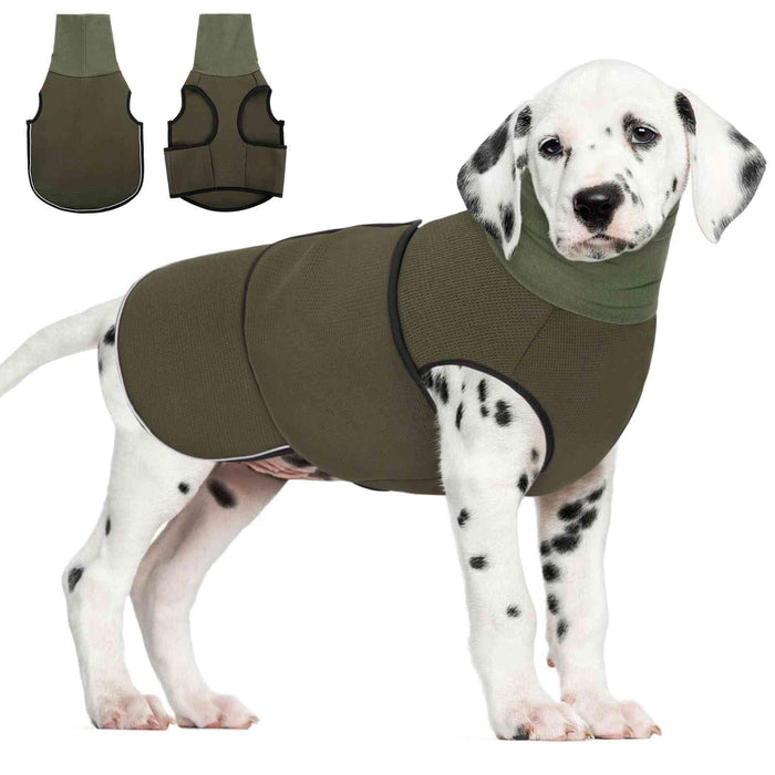 Close-up of the green dog anxiety calming hoodie with mesh fabric and black trim, showing adjustable straps and ear cover