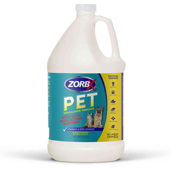 Close-up of ZORBX Pet Stain & Odor Remover label highlighting dual-action enzyme formula, suitable for all surfaces including carpets, furniture, and wood flooring.
