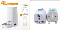 White 4L pet food dispenser with digital control, stainless steel bowls, EU power adapter, USB cable, and desiccant